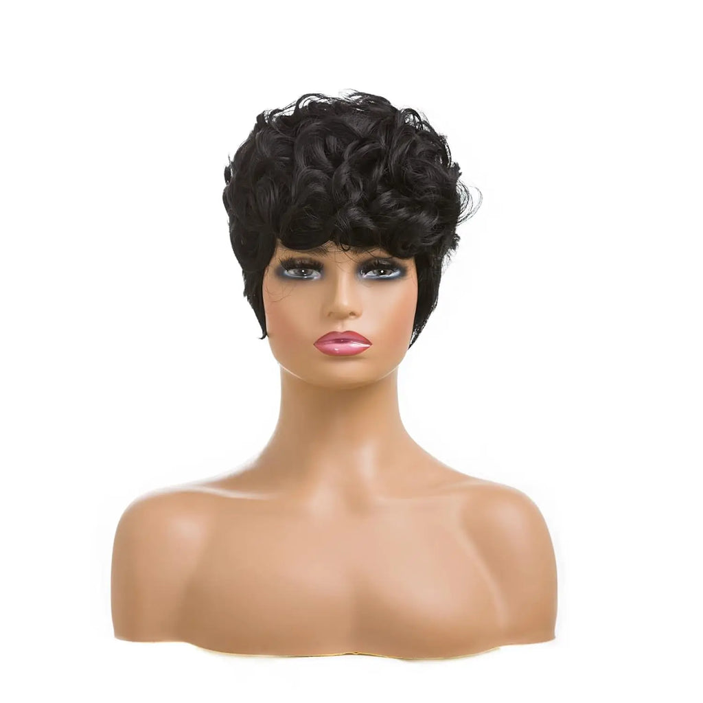 Short Pixie Cut Wigs for Black Women Curly Hair Wigs Replacement Synthetic Short Black Layered Pixie Wigs with Bangs for Bla