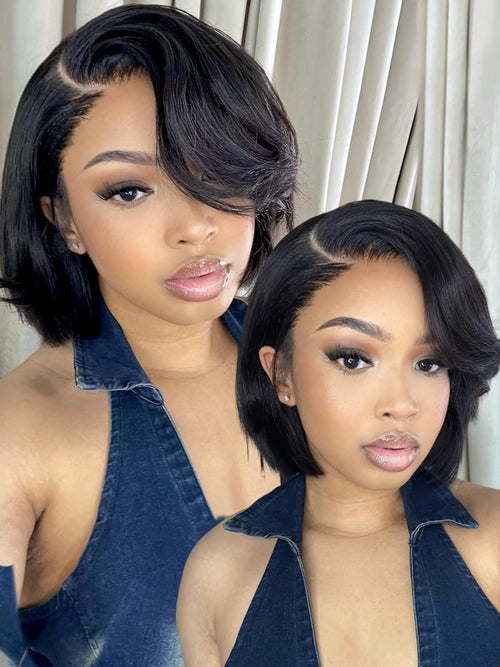 10 Inch Short Layered Bob Drawstring Wig Human Hair with Side Swept Bangs Bye Bye Knots 7X5 Lace Closure Glueless Wigs Human Hair Pre Plucked Pre Cut Read to Wear