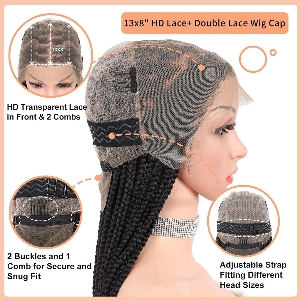 Brinbea Knotless Braided Wigs for Women Box Braid Wig Braided Lace Front Wigs 13X8 HD Lace Front Braided Wigs with Baby Hair Premium Synthetic Braid Wig Natural Long Black 36''