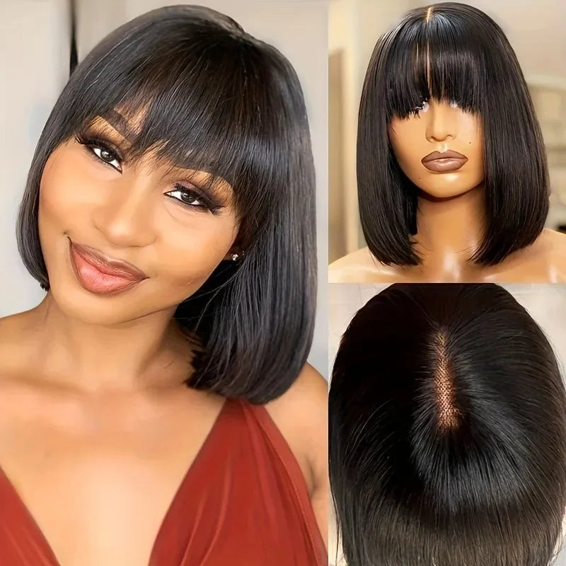 Bone Straight Short Bob Wig with Bangs Brazilian Glueless Wig Remy Hair 3X1 Lace Middle Part Wig Human Hair for Black Women