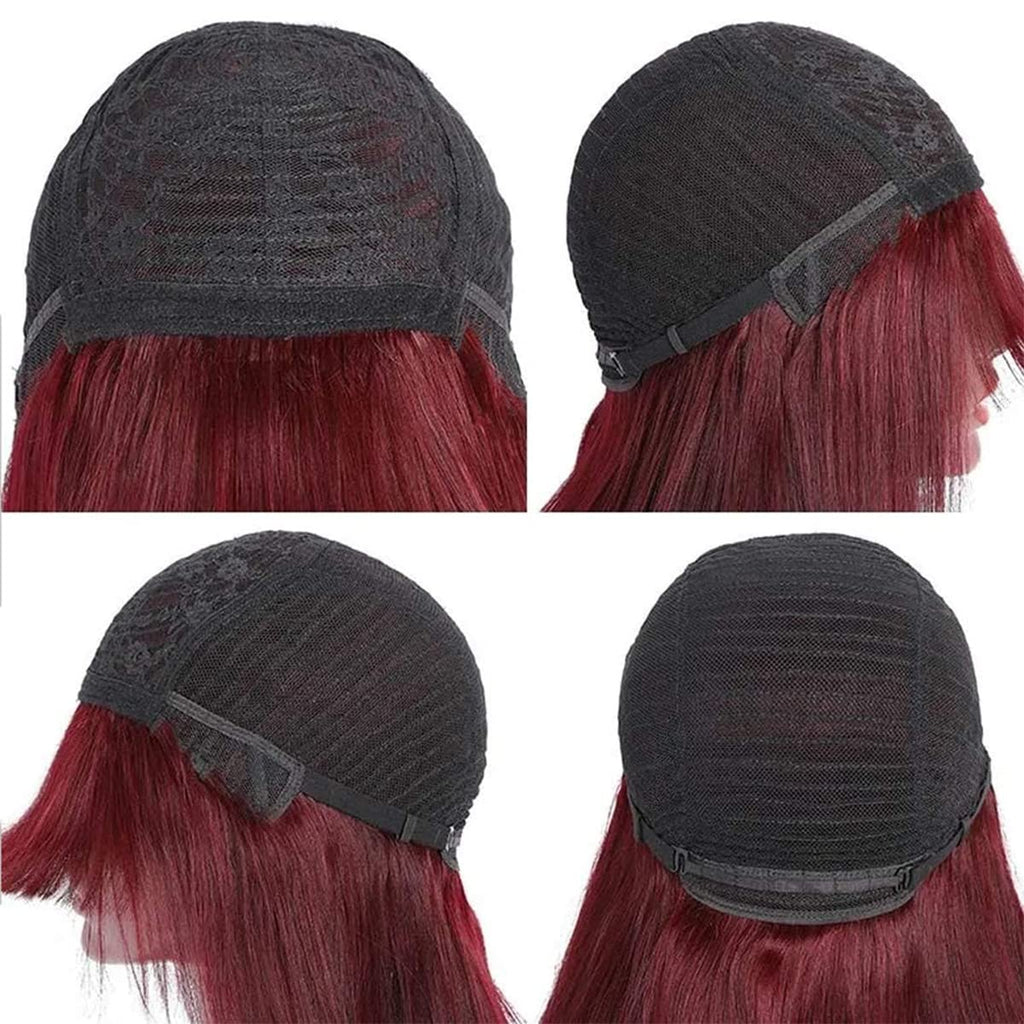 26" Burgundy Human Hair Wig with Bangs – Brazilian Virgin Straight Hair, Full Machine-Made Non-Lace Wig