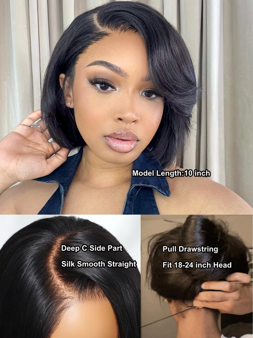 10 Inch Short Layered Bob Drawstring Wig Human Hair with Side Swept Bangs Bye Bye Knots 7X5 Lace Closure Glueless Wigs Human Hair Pre Plucked Pre Cut Read to Wear
