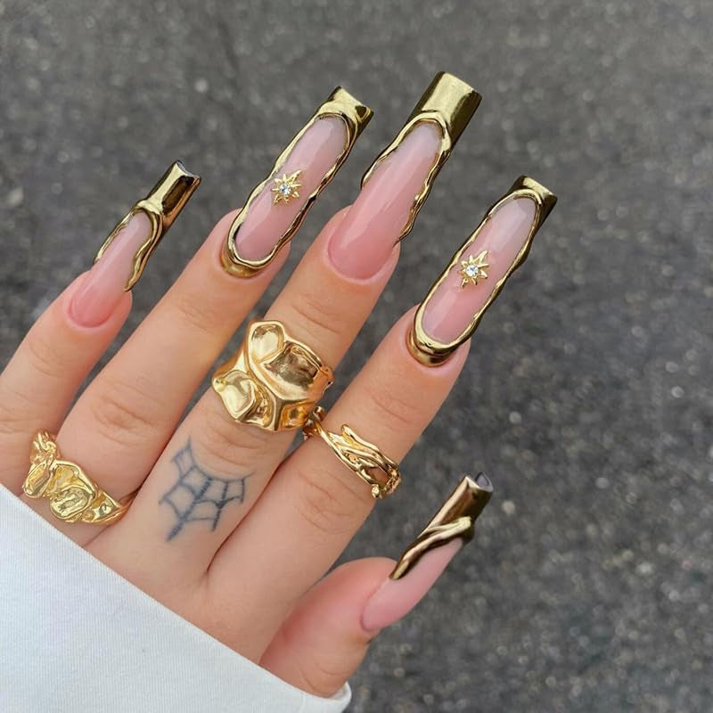 Nails Press on Long Square Fake Nails Gold Glue on 3D Texture Chrome Acrylic False Nails Y2K Star Stick on 24Pcs Manicure Handmade Artificial