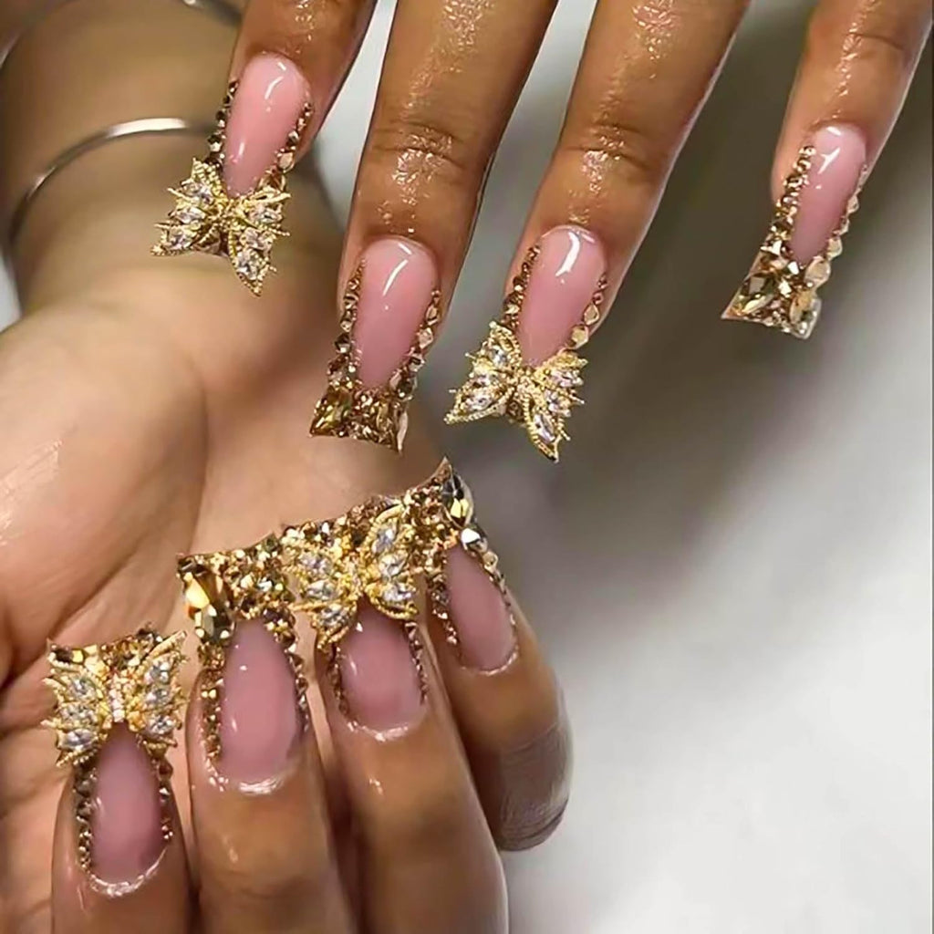 Long Press Duck False Nails Gold Glitter French Tip with Gold 3D Butterfly Designs - Glossy Artificial Nails, Cute Stick Ons for Women - 24Pcs