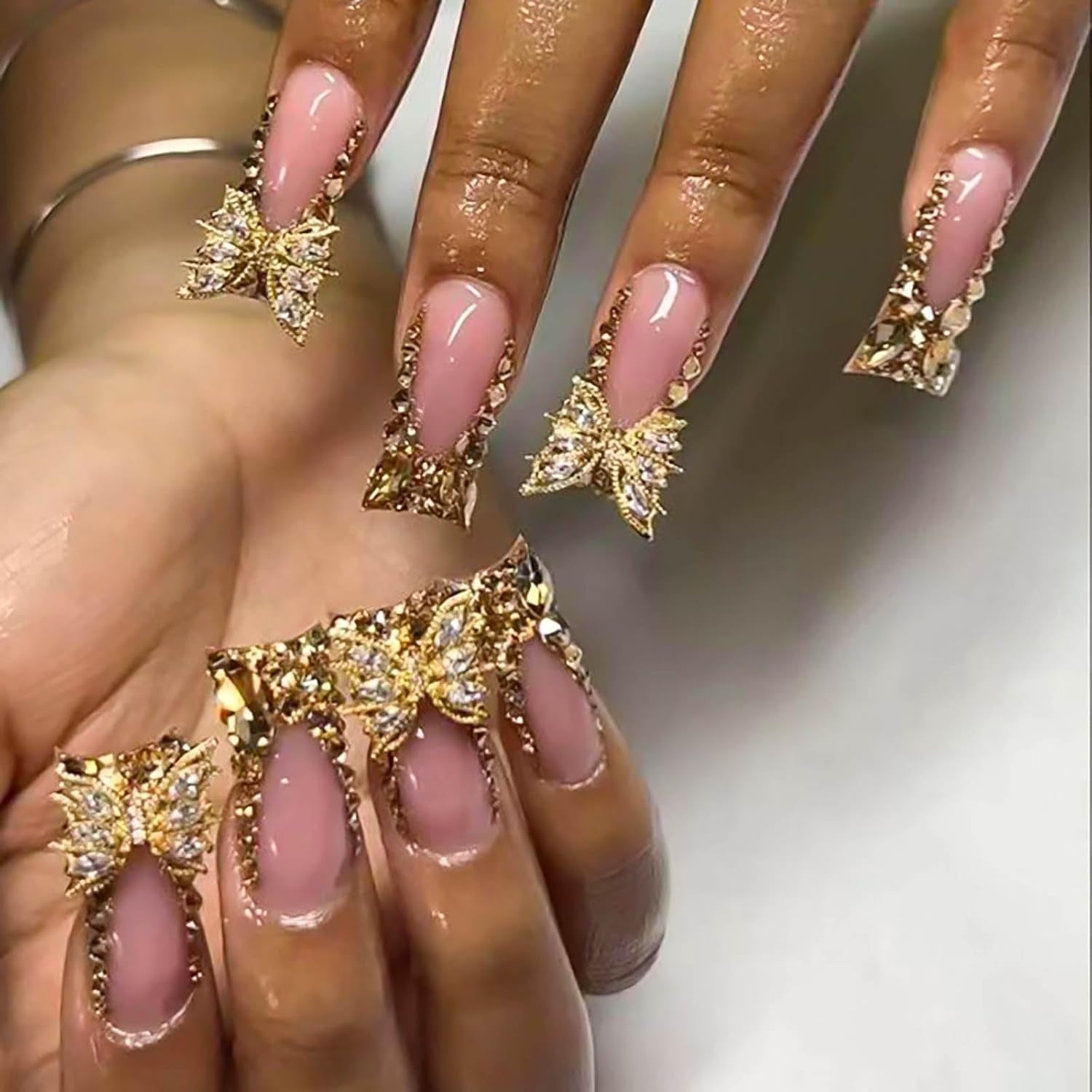 Long Press Duck False Nails Gold Glitter French Tip with Gold 3D Butterfly Designs - Glossy Artificial Nails, Cute Stick Ons for Women - 24Pcs