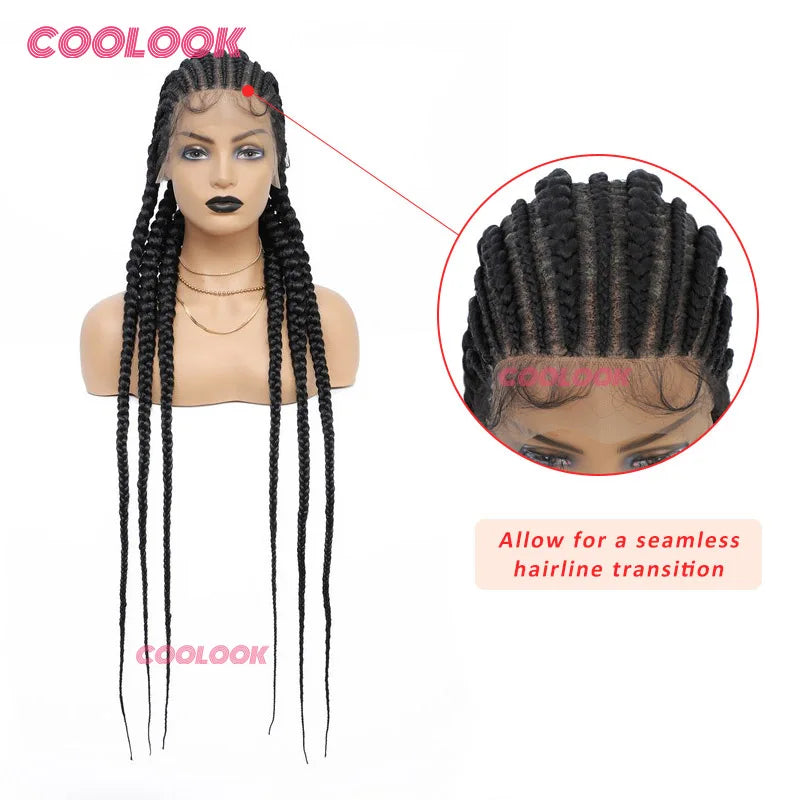 36" Full Lace Front Wig Jumbo Box Braid Wigs with Baby Hair Knotess Lace Front Wig Synthetic Braided Wigs for Women African