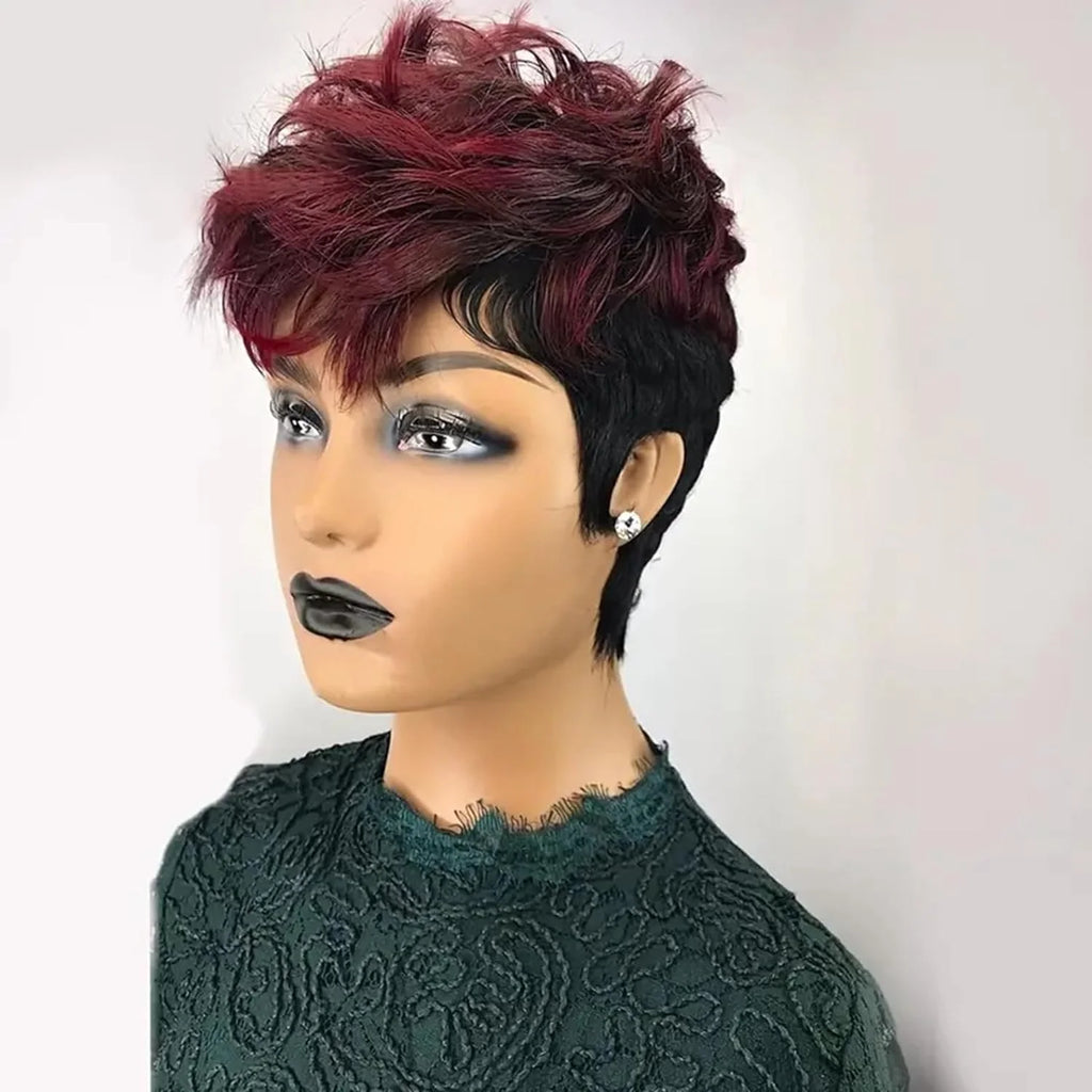 1B/99J Burgundy Pixie Cut Human Hair Wig – Short Layered Brazilian Virgin Hair, Glueless Wear & Go