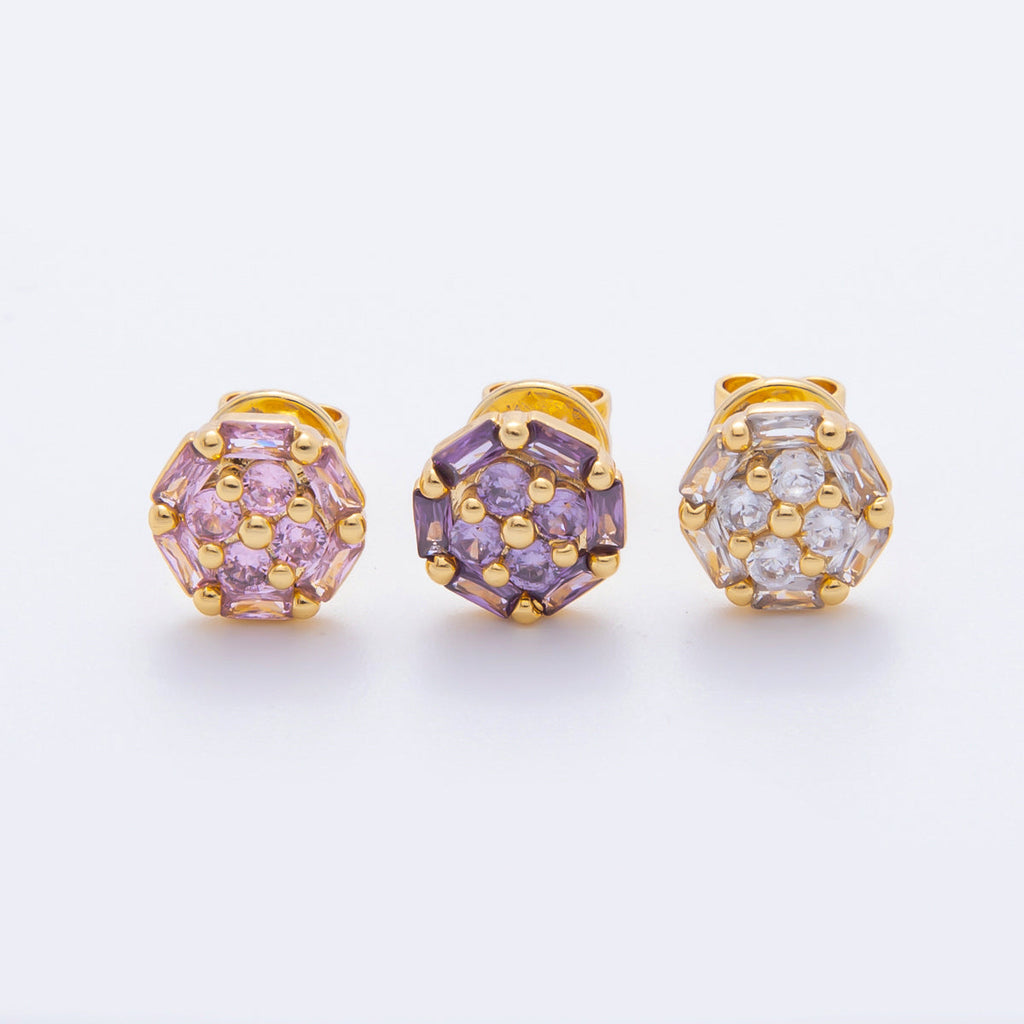 18K Gold Filled 8.8mm Clear, Purple, Pink Micro Paved CZ Baguette Round Stud Earrings | AJ274 AJ204 AJ206