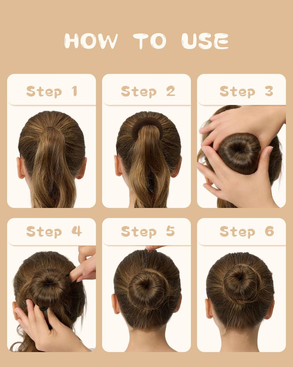 Hair Bun Maker for Kids, Girls & Women - Controls Frizz, Smooths Flyaways, Creates Buns & Updos - 4 Black Donut Sock Buns in Sizes, 1 Hair Wax Stick, 5 Elastic Bands, 10 Hairs Pins, 2 Style Brushes