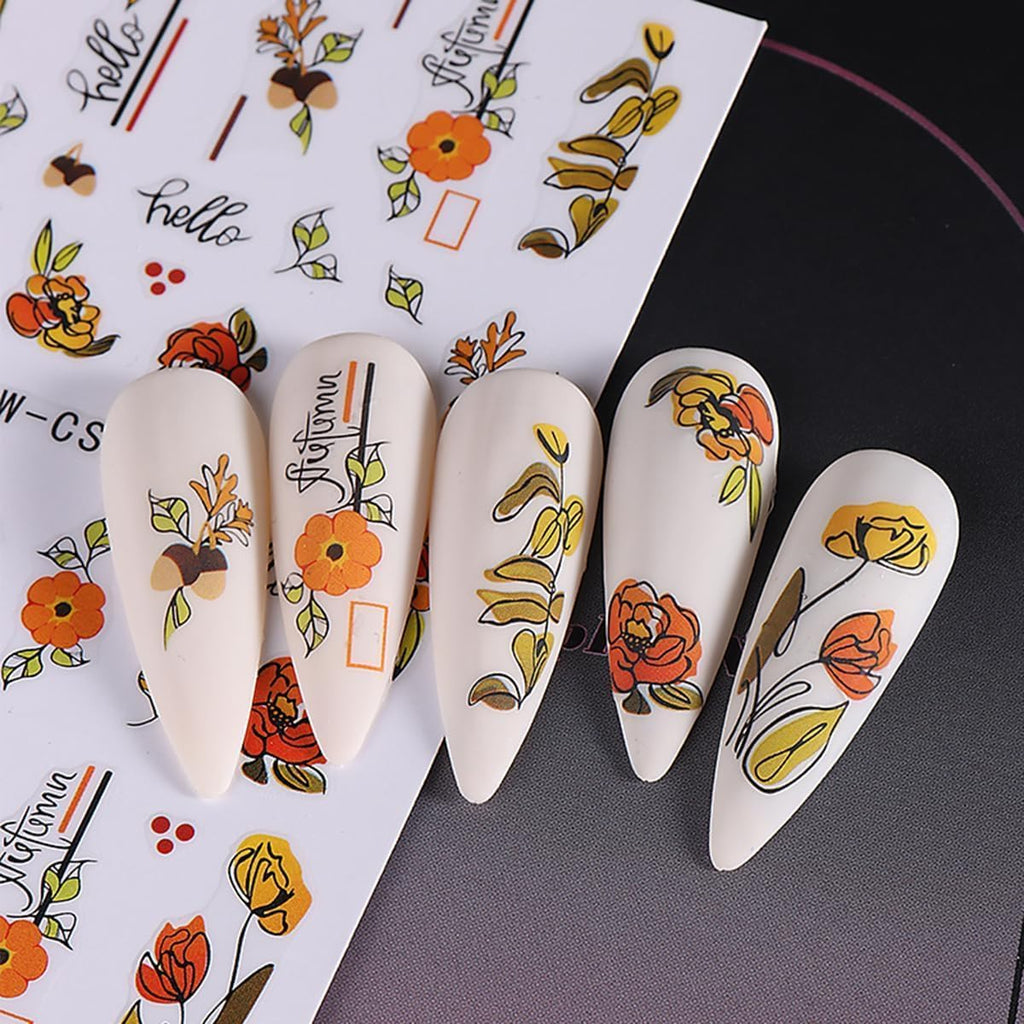 8Sheets Fall Nail Art Stickers Autumn Pumpkins Fallen Leaves 3D Self Adhesive Nail Design Fall Flower Nail Decals Thanksgiving Theme Nail Art Supplies for Women Manicure Decoration