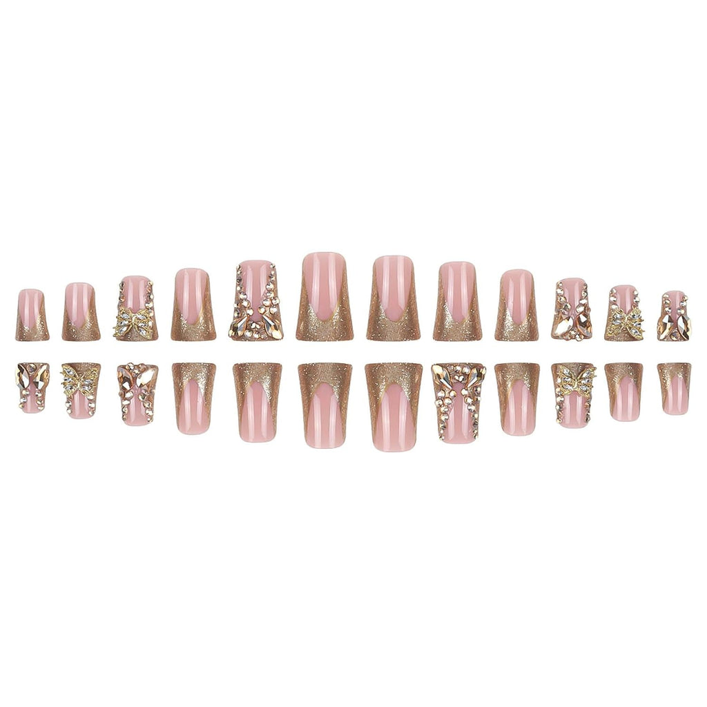 Long Press Duck False Nails Gold Glitter French Tip with Gold 3D Butterfly Designs - Glossy Artificial Nails, Cute Stick Ons for Women - 24Pcs