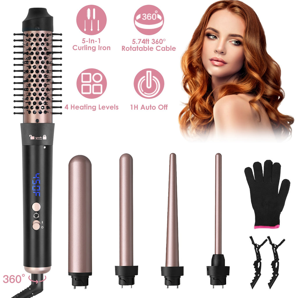 2 Type Options--1Pc 5 In 1 Curling Wand Hair Curling Iron Brush Anti-Tangle Hair Thermal Brush Curler - Anaya Beauty