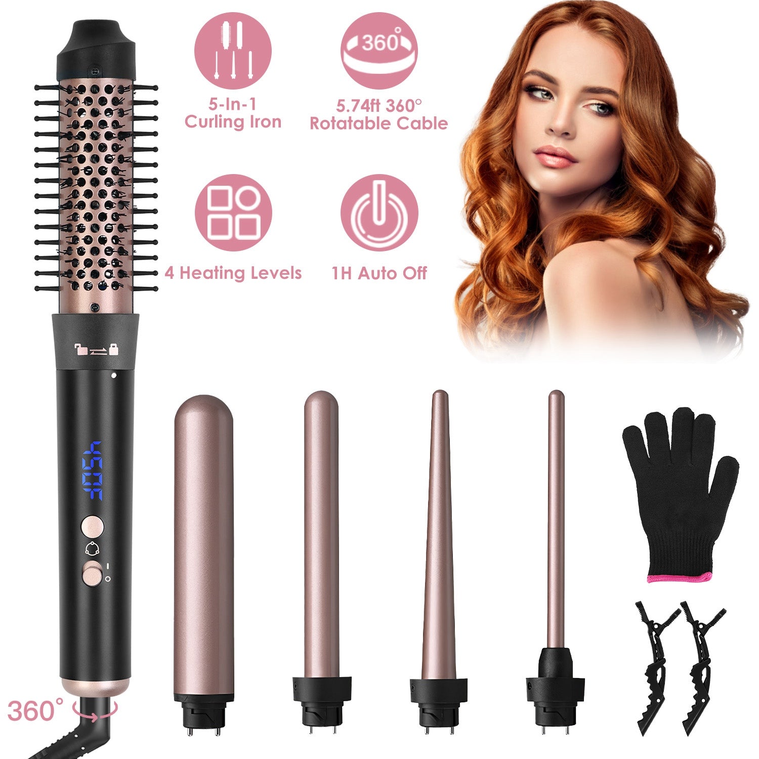 2 Type Options--1Pc 5 In 1 Curling Wand Hair Curling Iron Brush Anti-Tangle Hair Thermal Brush Curler - Anaya Beauty