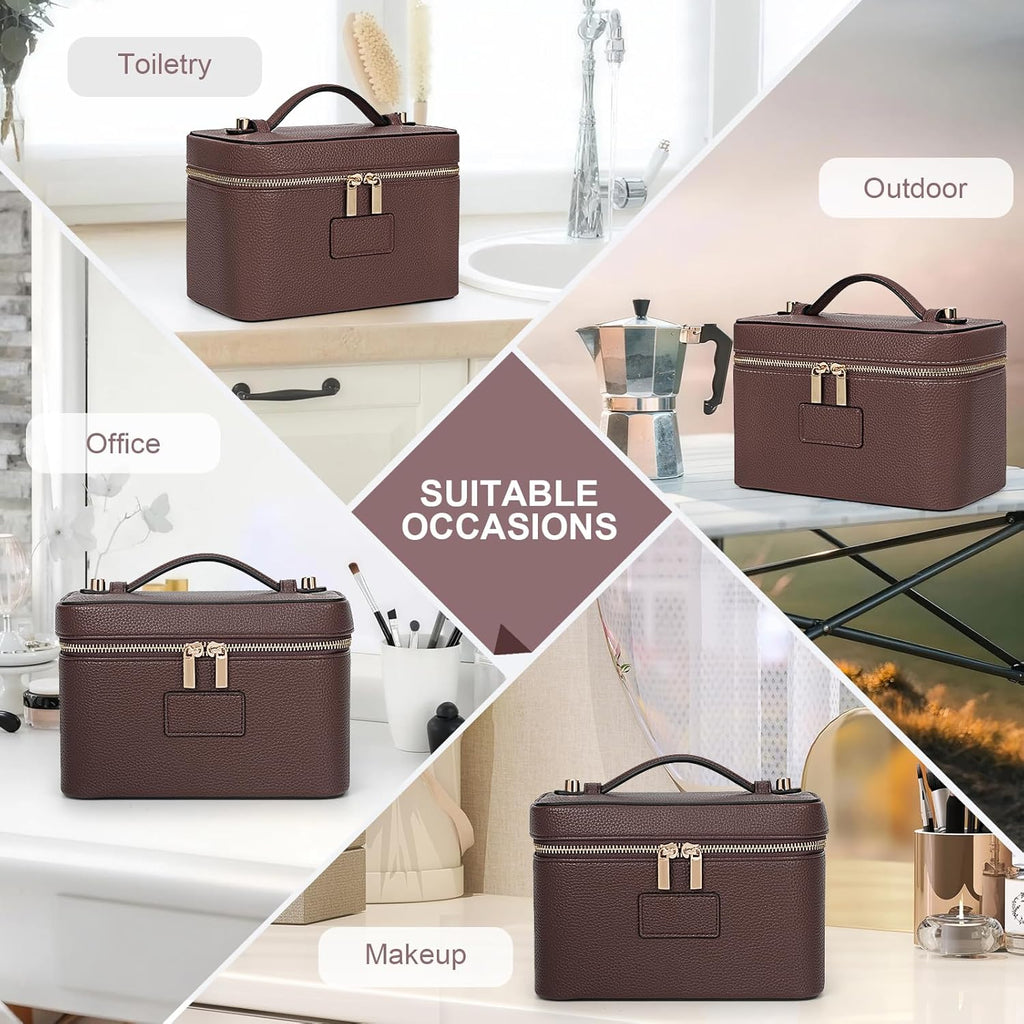 Luxury Leather Makeup Bag for Women – Portable Travel Cosmetic & Toiletry Organizer Vanity Case