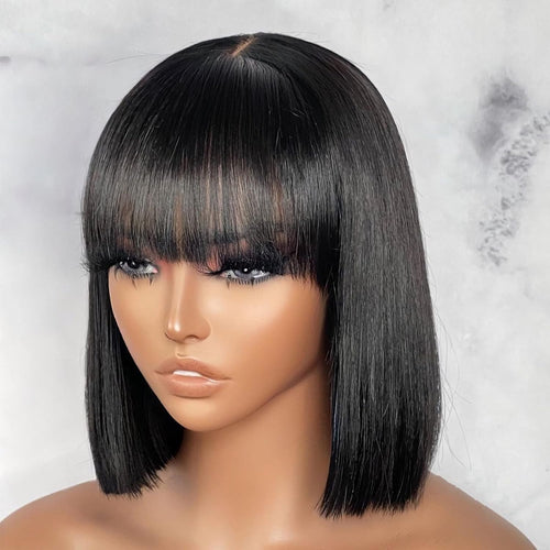 10 Inch Short Black Straight Bang Wig with Minimalist 2X1 Lace Scalp for Women Low Tension Design for Daily Wear Glueless Protective Wig for Natural Hair & Edges