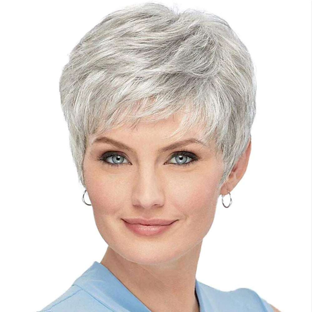 Short Grey Wigs for White Women Mixed Gray Silver Curly Wigs with Bangs Grandma Synthetic Short Hair Wigs