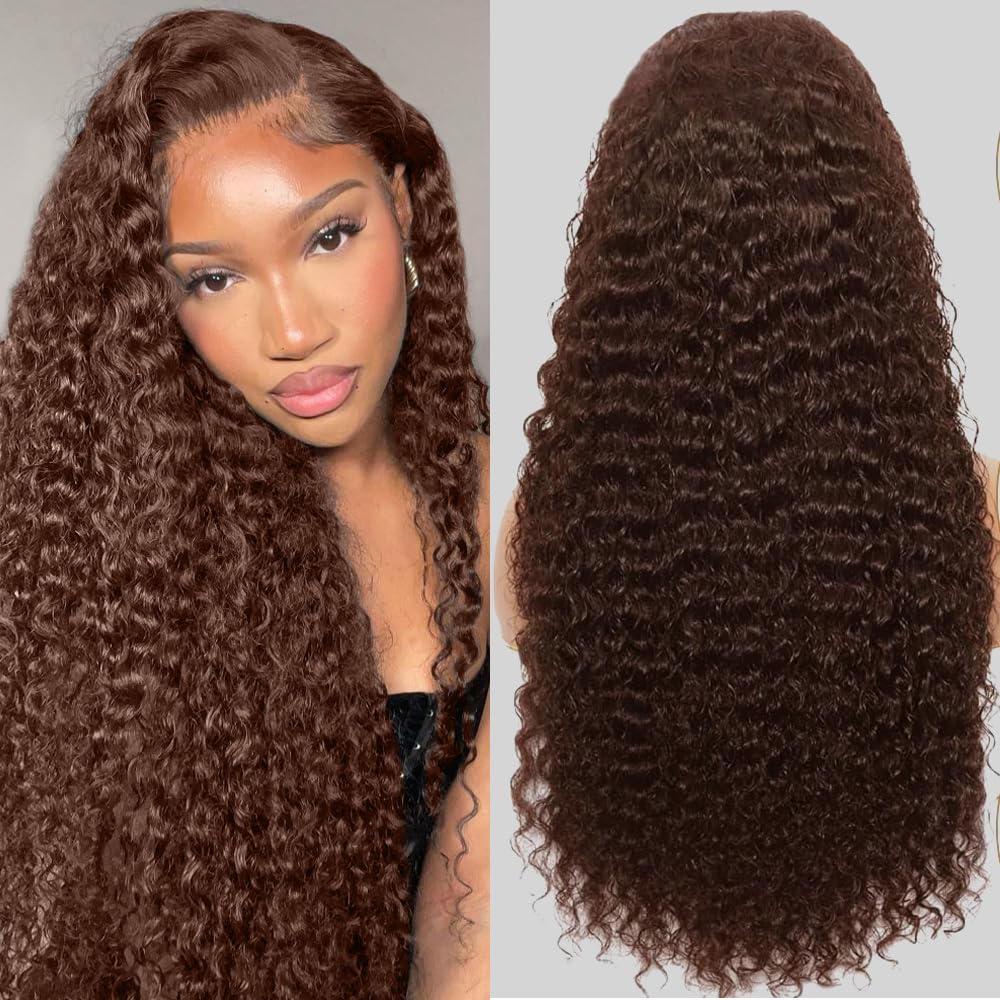 30Inch Chocolate Brown Human Hair Wig 200 Density 13X6 HD Deep Wave Lace Front Wigs Human Hair Colored Deep Curly Lace Frontal Wigs Glueless Wig Brown Wig Wigs for Women