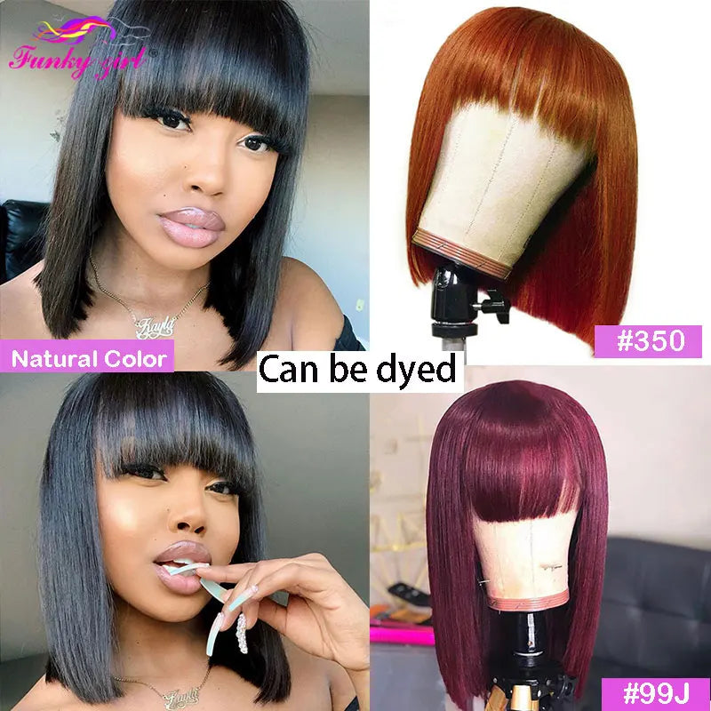 Straight Short Bob Human Hair Wigs with Bangs Natural Color Brazilian Human Hair Wigs Machine Made Wig for Women U Part Wigs