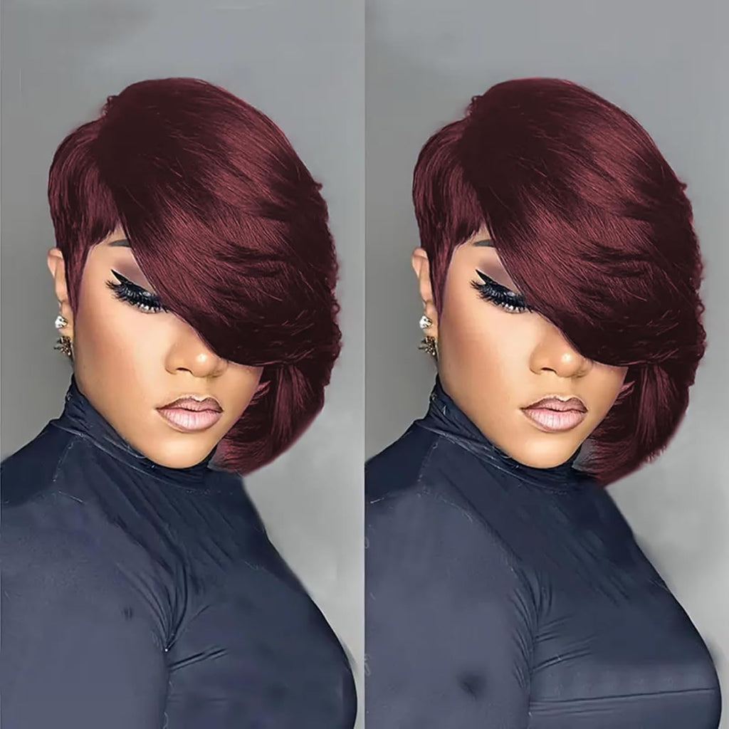 10A Pixie Cut Wigs for Black Women Model Length 99J Burgundy Color Side Part Short Layered Pixie Cut Human Hair Wear and Go Glueless Wigs with Bangs for Daily Use (99J)