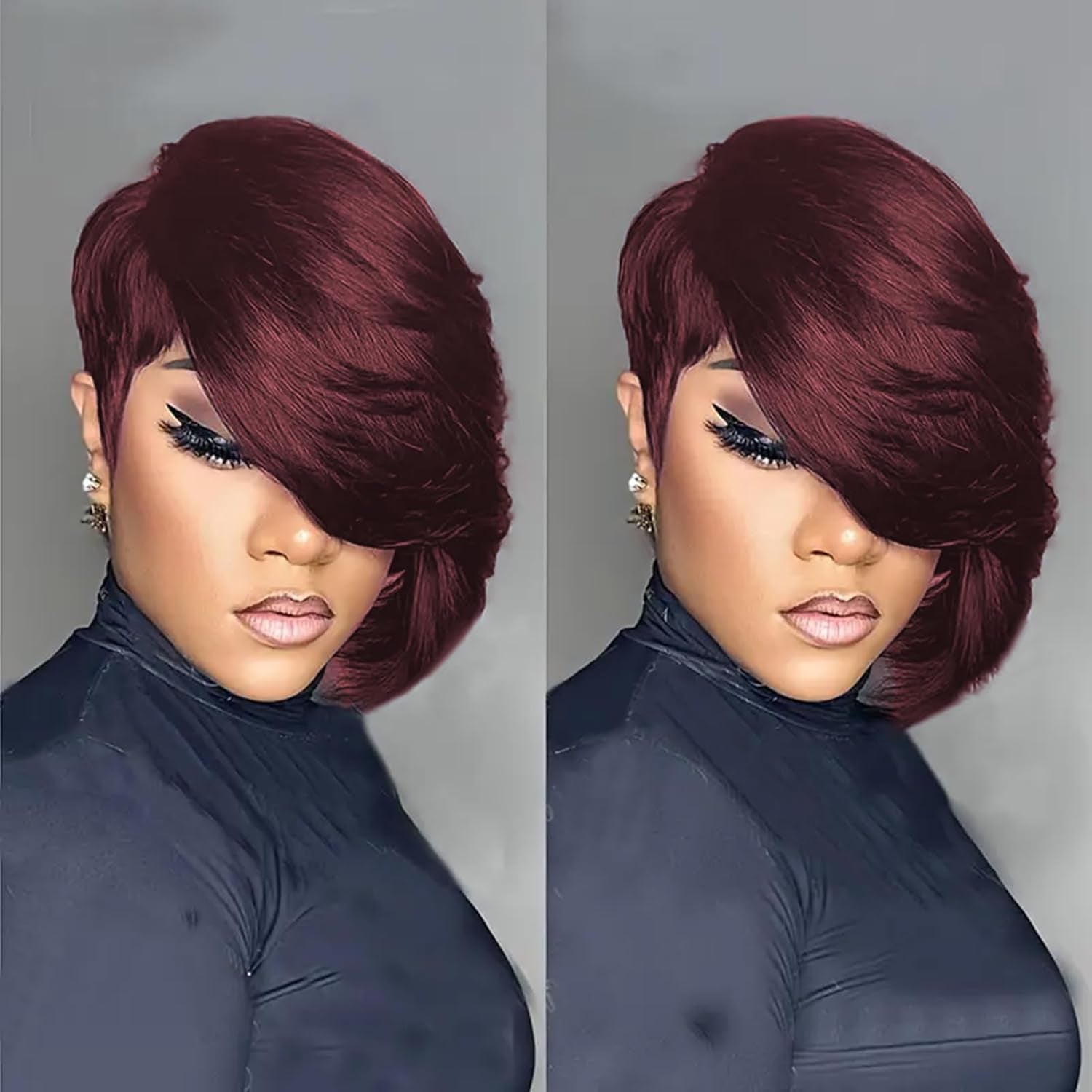 10A Pixie Cut Wigs for Black Women Model Length 99J Burgundy Color Side Part Short Layered Pixie Cut Human Hair Wear and Go Glueless Wigs with Bangs for Daily Use (99J)
