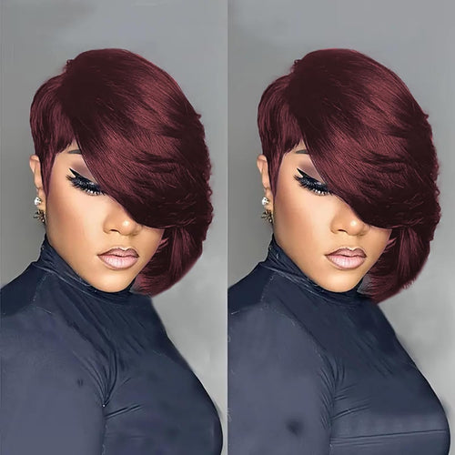 10A Pixie Cut Wigs for Black Women Model Length 99J Burgundy Color Side Part Short Layered Pixie Cut Human Hair Wear and Go Glueless Wigs with Bangs for Daily Use (99J)