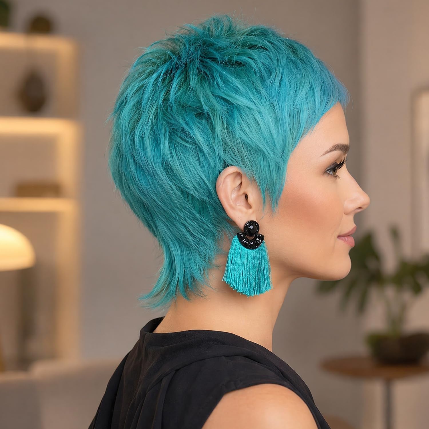 Anaya's Beauty Short Teal Synthetic Pixie Wig – Vibrant Layered Wear & Go Wig with Bangs