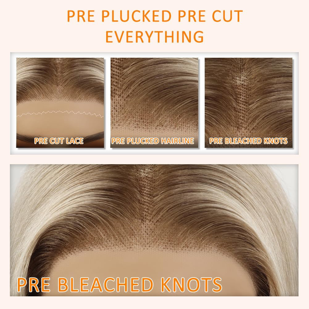 220% Ash Blonde Wig Human Hair Pre Plucked Pre Cut Glueless 13X4 UHD Lace Front Wigs for Women Ombre Highlight Balayage Blonde Real Human Hair with Dark Roots Soft Long Body Wave 22Inch
