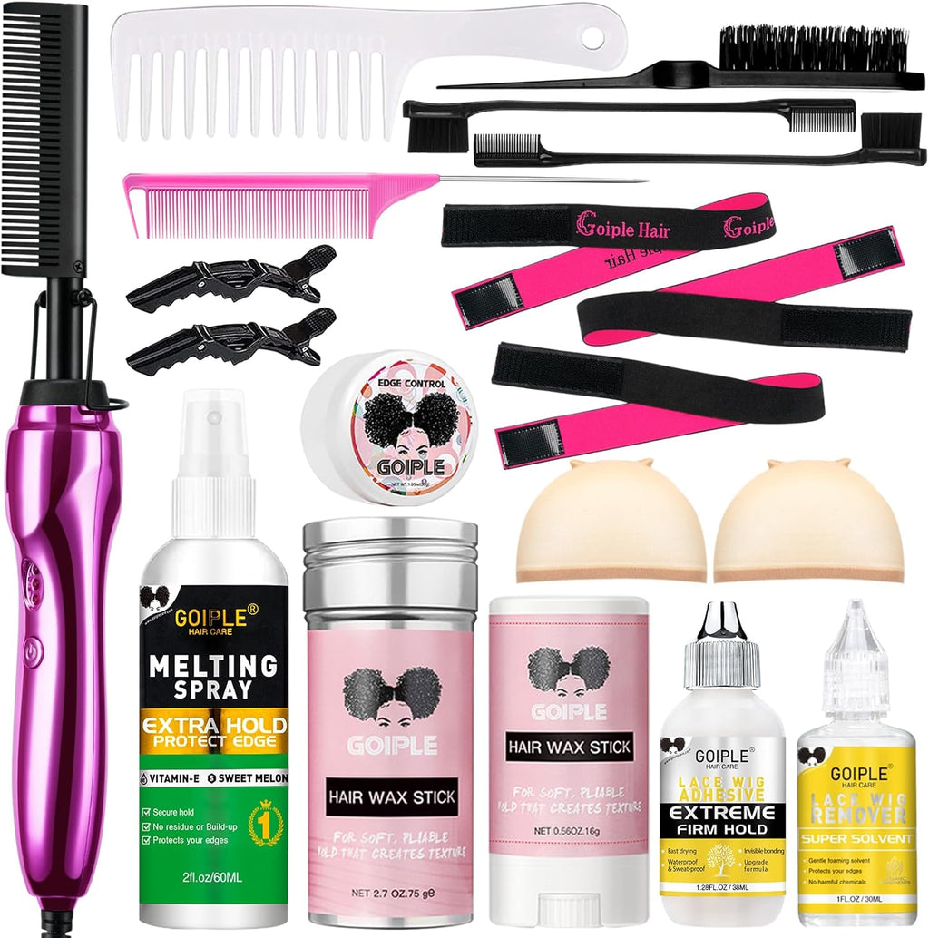 Hot Comb Hair Straightener Set for Lace Front Wigs - Heat Pressing Combs Ceramic Curling Flat Iron Electric Hot Comb for Wigs - Hair Straighteners Straightening Comb for Women Wig Installation Kit