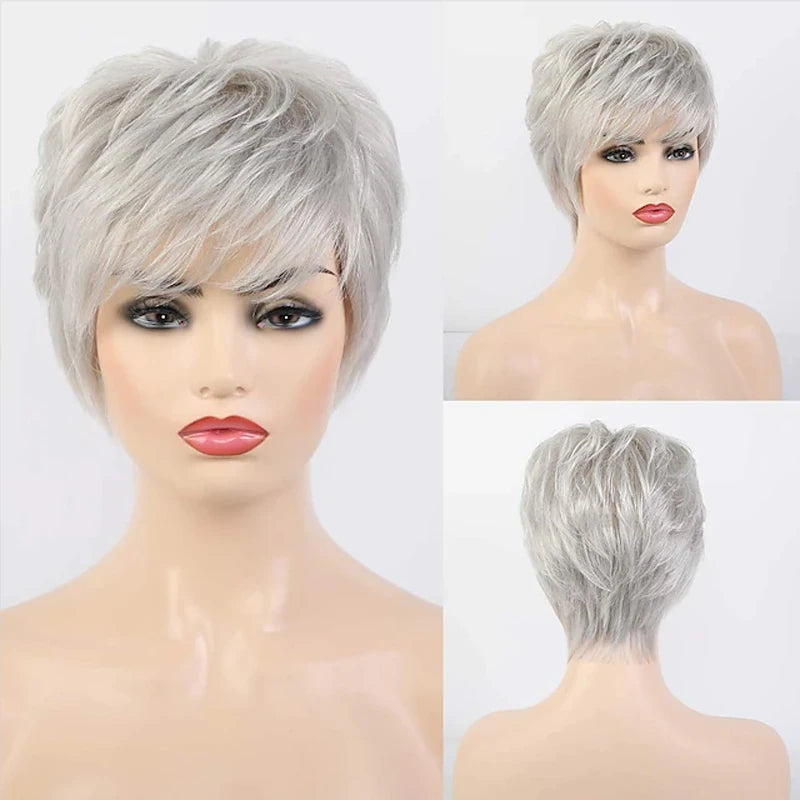 Short Grey Wigs for White Women Mixed Gray Silver Curly Wigs with Bangs Grandma Synthetic Short Hair Wigs
