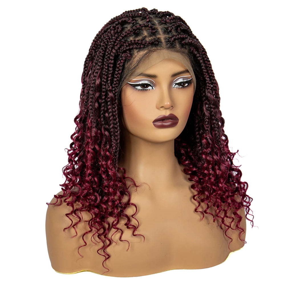 Knotless Box Braided Wigs with Curly Ends Synthetic Full Lace Braided Lace Wigs Short Boho Braided Bob Wigs for Black Women