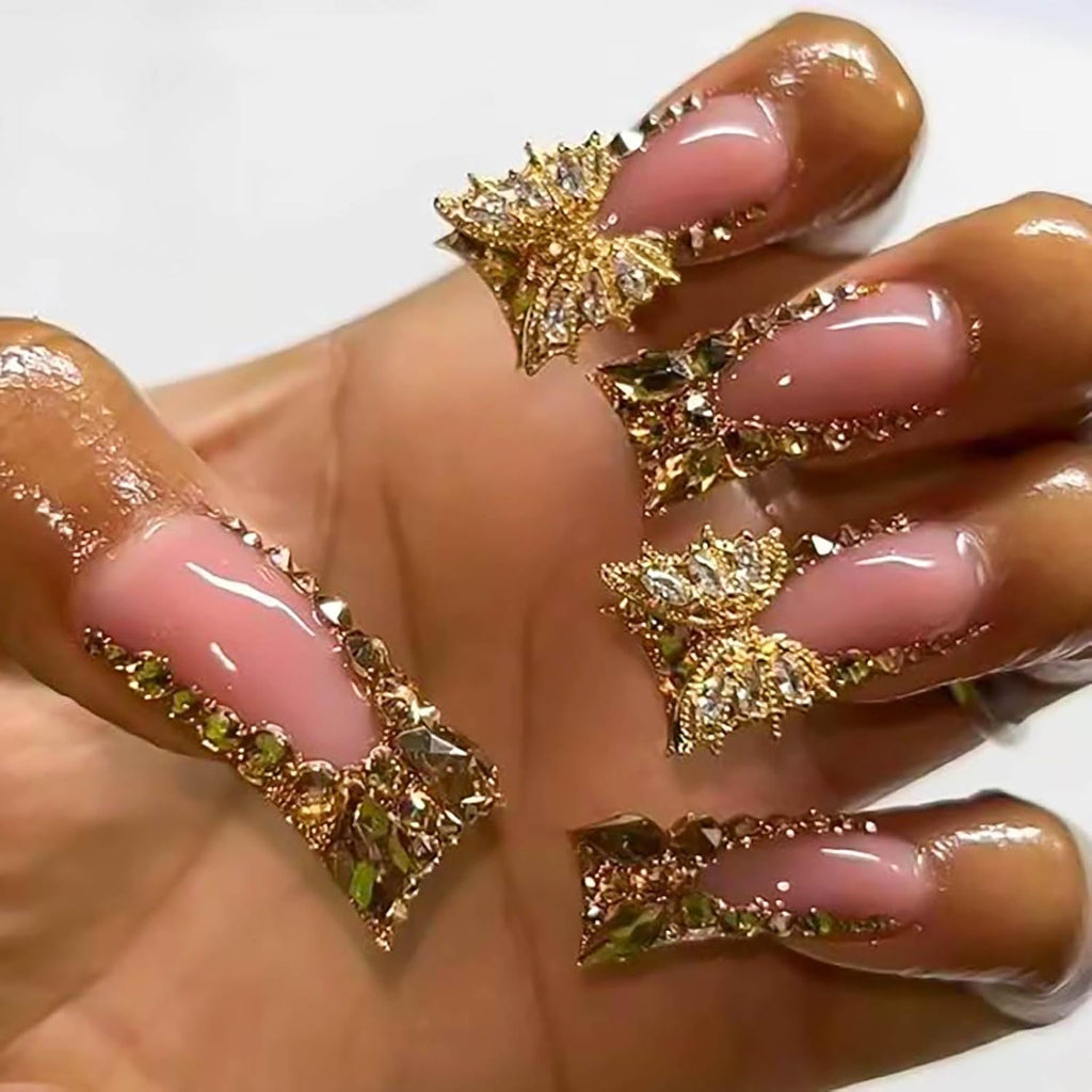 Long Press Duck False Nails Gold Glitter French Tip with Gold 3D Butterfly Designs - Glossy Artificial Nails, Cute Stick Ons for Women - 24Pcs