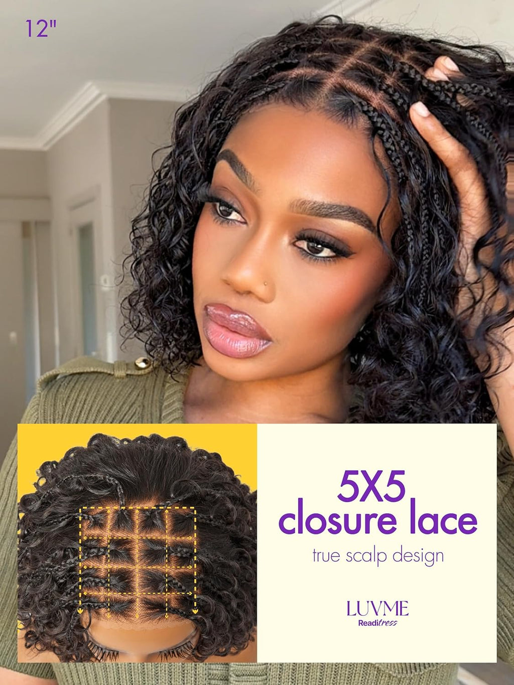 Boho Braided Deep Curly 5X5 Closure Lace with Braided Bob 10 Inch Human Hair Wigs Curly Deep Wave Glueless 10 Inches Pre Cut Plucked Hd Lace Short Wig Ready to Go Bleached Knots Black Wigs