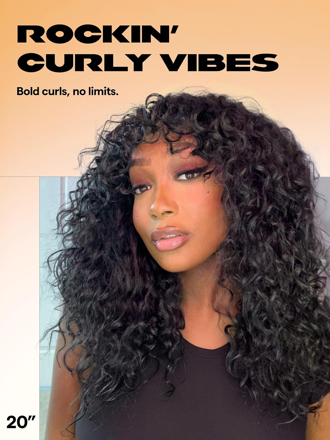 Veralux Blend Human Hair Glueless Curly Wig with Bangs Natural Black Synthetic Curtain Bang with Realistic Scalp Put on and Go 20 Inch