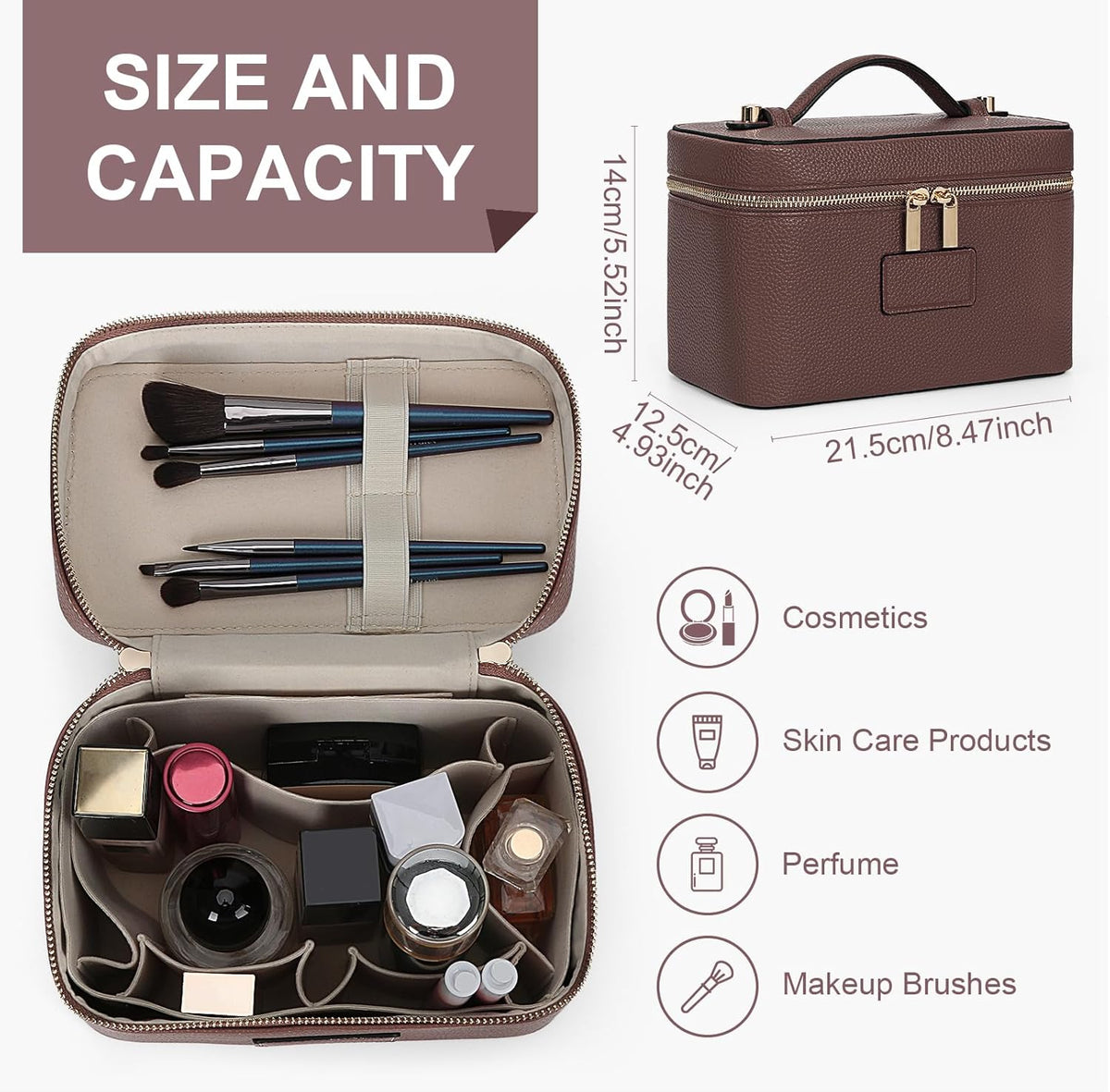 Luxury Leather Makeup Bag for Women – Portable Travel Cosmetic & Toiletry Organizer Vanity Case