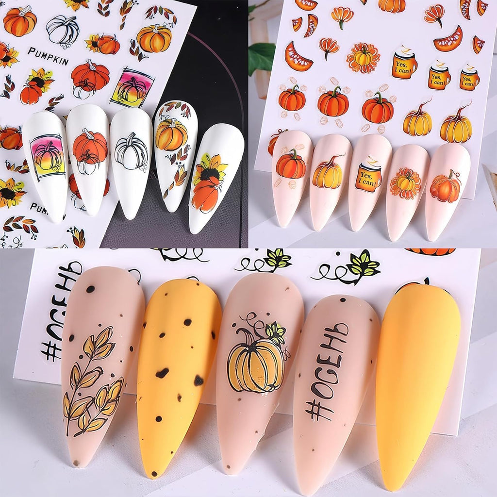 8Sheets Fall Nail Art Stickers Autumn Pumpkins Fallen Leaves 3D Self Adhesive Nail Design Fall Flower Nail Decals Thanksgiving Theme Nail Art Supplies for Women Manicure Decoration