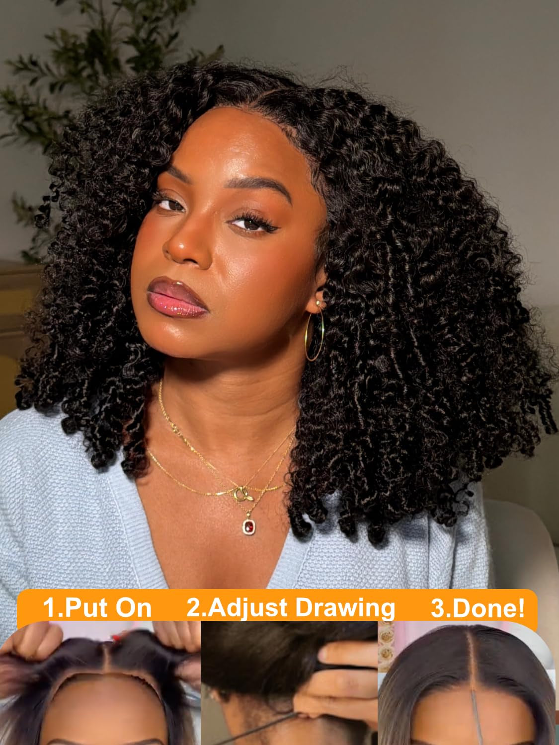 Burmese Curly Glueless Wigs Human Hair with Finger Coil 16” | No Slip Drawstring Wig 7X5 Bye Bye Knots Lace Closure for Women Beginners Pre Cut/Plucked/Bleached Ready to Go Natural Black