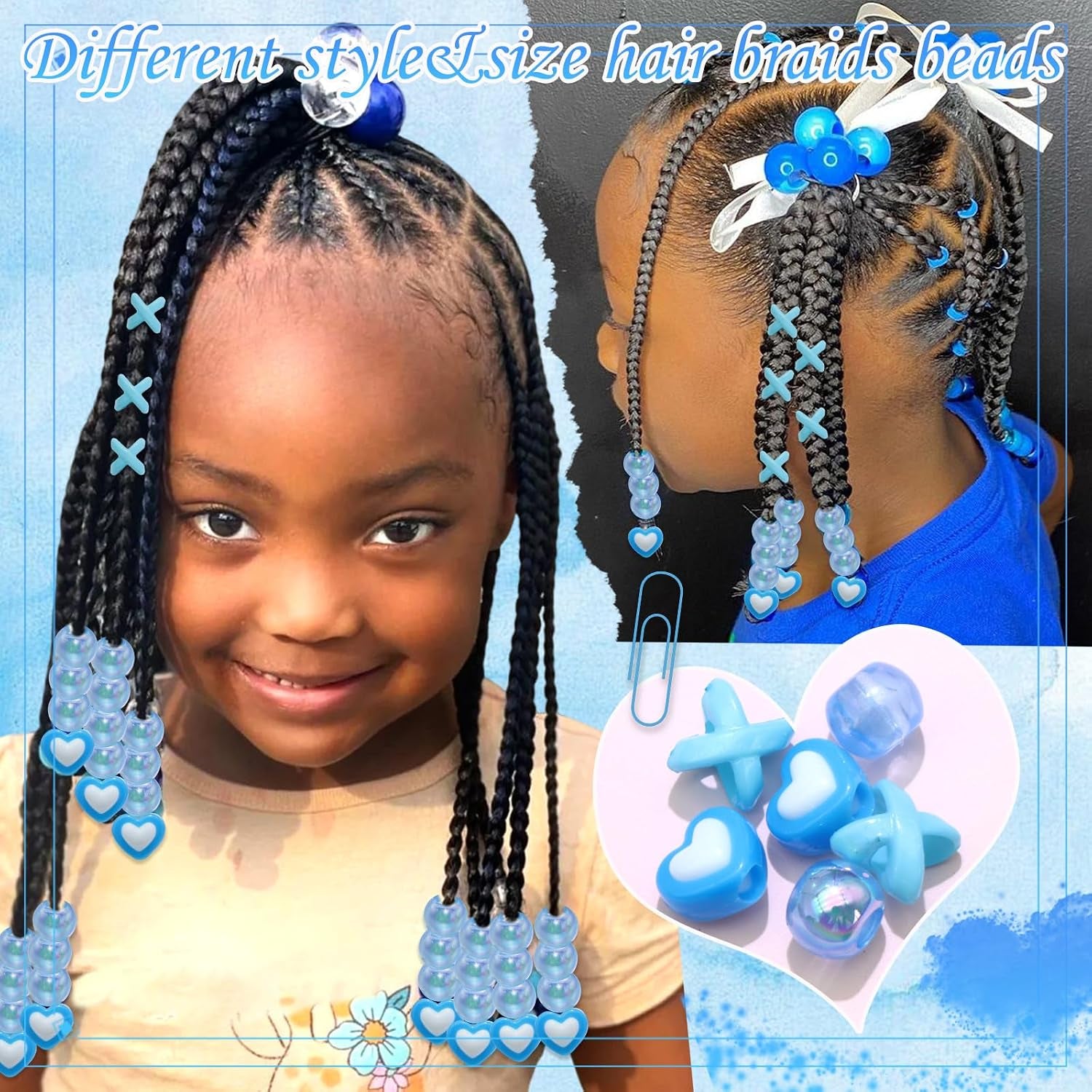 60PCS Blue Hair Beads for Braids 3 Styles Loc Bead Cute Hair Jewelry Heart Shape AB Color round Beads Hair Decoration Accessories