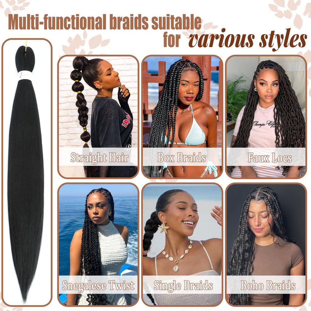 Braiding Hair Pre Stretched 24 Inch 8 Packs Synthetic Hair Extensions #1B | Pre Stretched Braiding Hair for Twist or Box Crochet Braids, Hot Water Setting, No Tangle, Soft Yaki Texture, #Natural Black