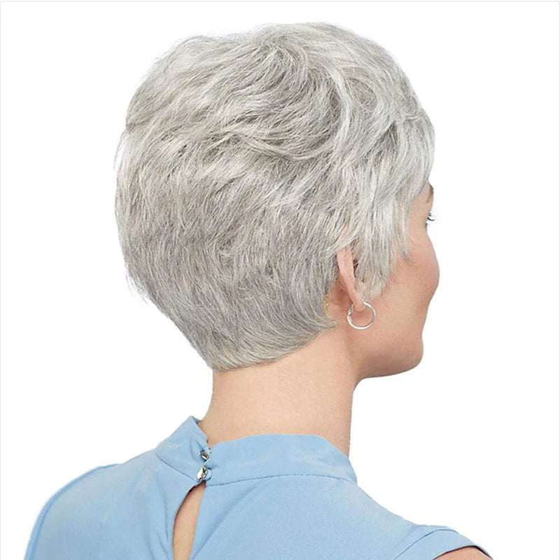 Short Grey Wigs for White Women Mixed Gray Silver Curly Wigs with Bangs Grandma Synthetic Short Hair Wigs