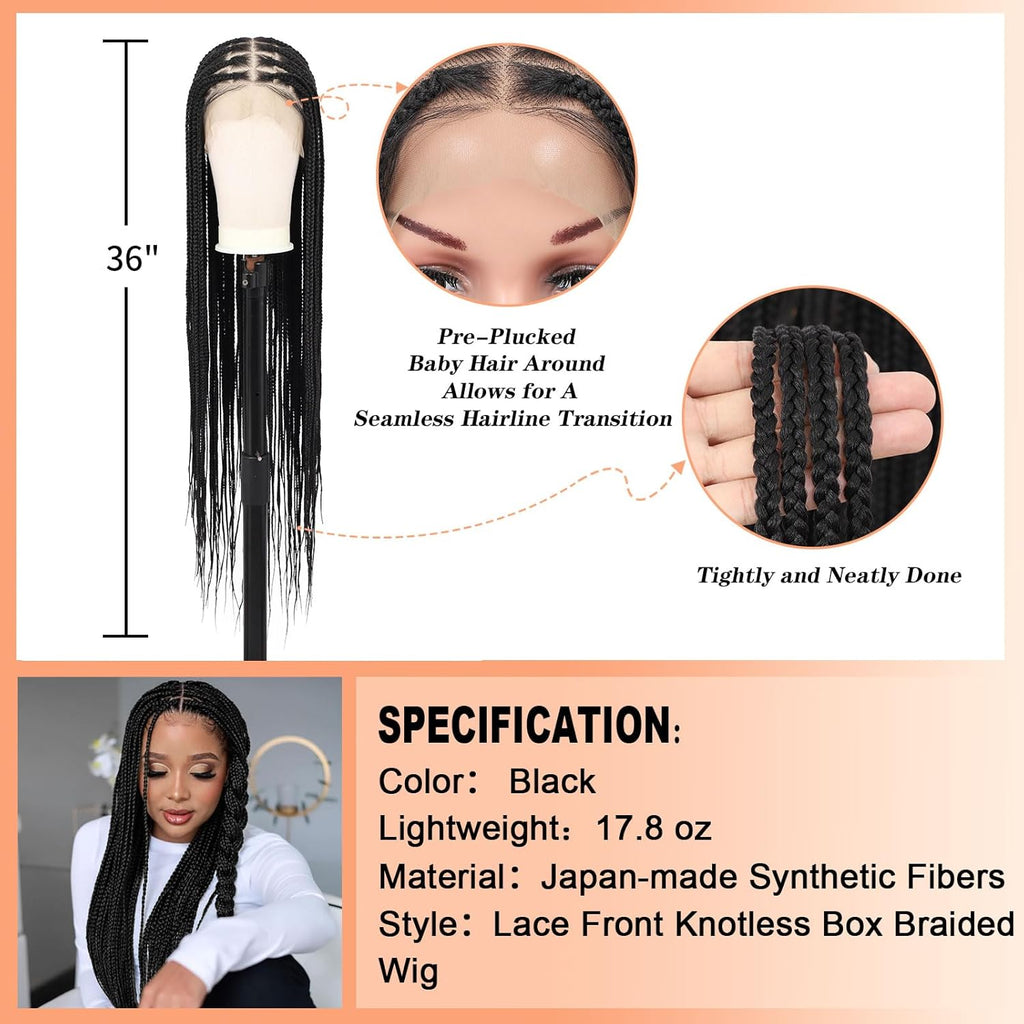 Brinbea Knotless Braided Wigs for Women Box Braid Wig Braided Lace Front Wigs 13X8 HD Lace Front Braided Wigs with Baby Hair Premium Synthetic Braid Wig Natural Long Black 36''