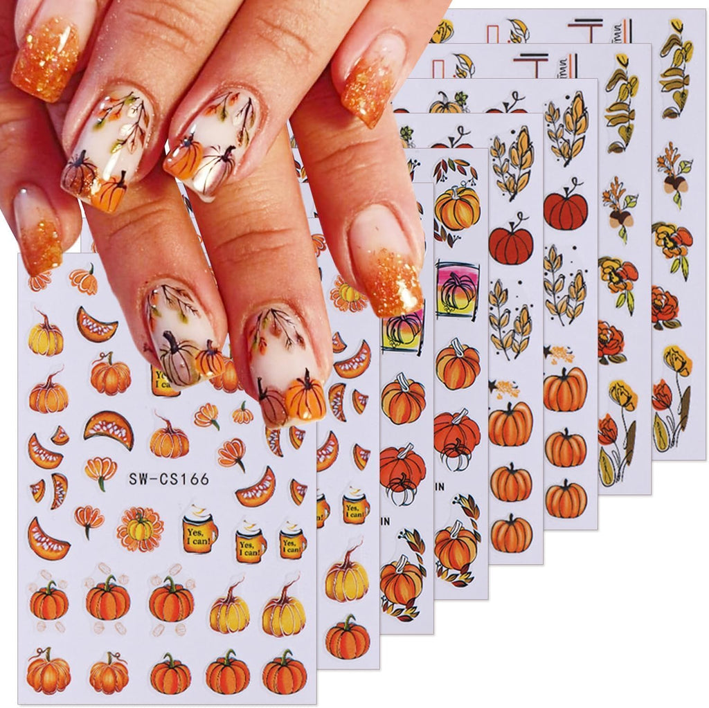8Sheets Fall Nail Art Stickers Autumn Pumpkins Fallen Leaves 3D Self Adhesive Nail Design Fall Flower Nail Decals Thanksgiving Theme Nail Art Supplies for Women Manicure Decoration