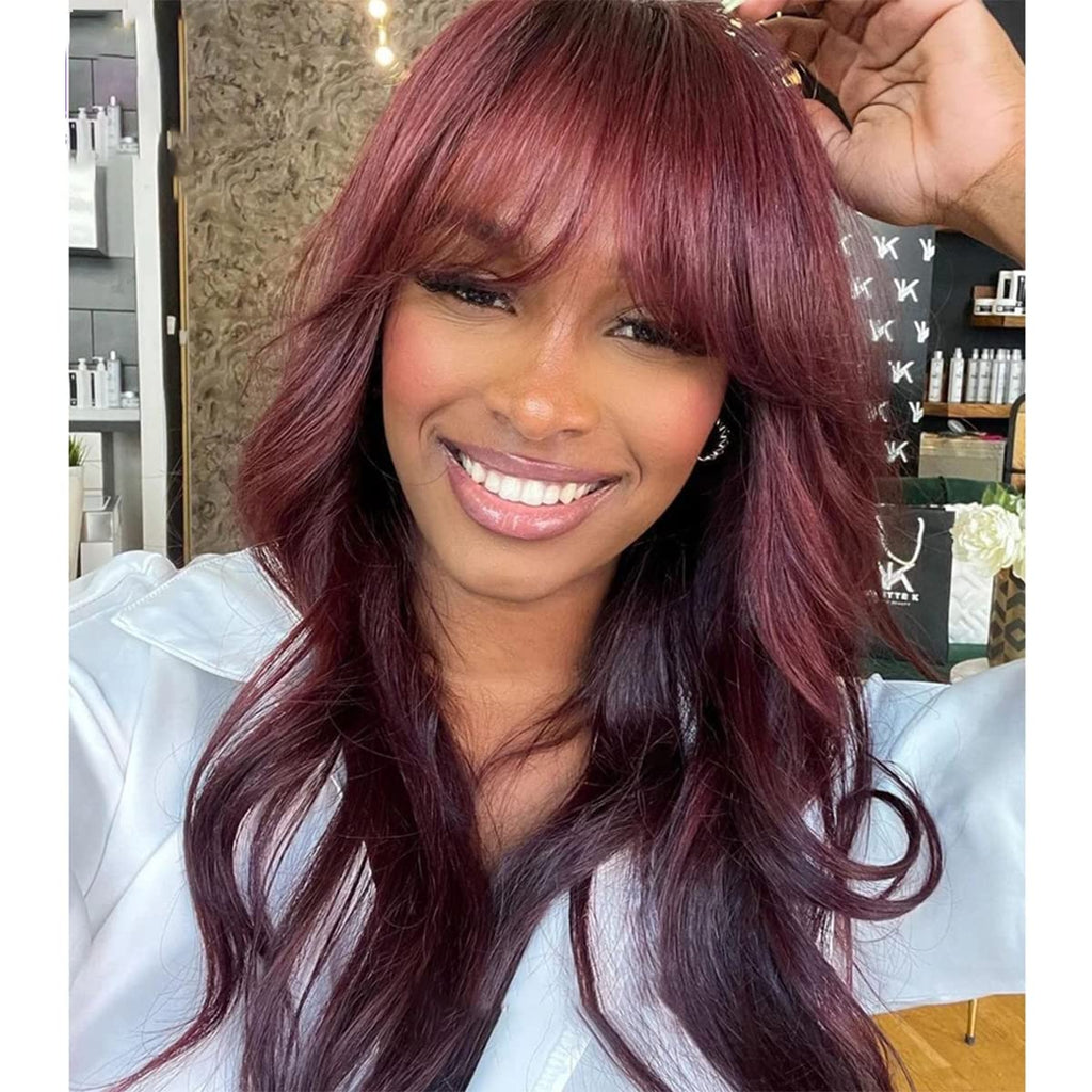 26" Burgundy Human Hair Wig with Bangs – Brazilian Virgin Straight Hair, Full Machine-Made Non-Lace Wig