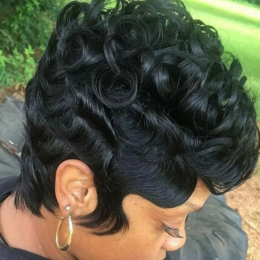Short Pixie Cut Wigs for Black Women Curly Hair Wigs Replacement Synthetic Short Black Layered Pixie Wigs with Bangs for Bla