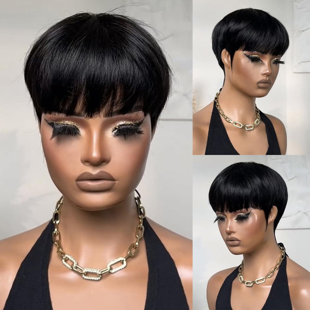 Short Wigs Pixie Cut Wig for Black Women Human Hair Natural Black Straight Human Hair Wig with Bangs Short Layered Wave Glueless No Lace Front Full Machine Made Bob Wig