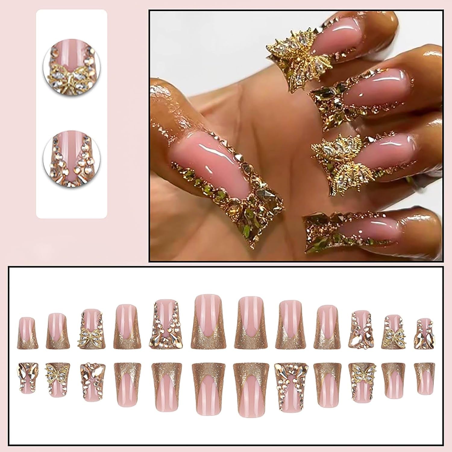 Long Press Duck False Nails Gold Glitter French Tip with Gold 3D Butterfly Designs - Glossy Artificial Nails, Cute Stick Ons for Women - 24Pcs
