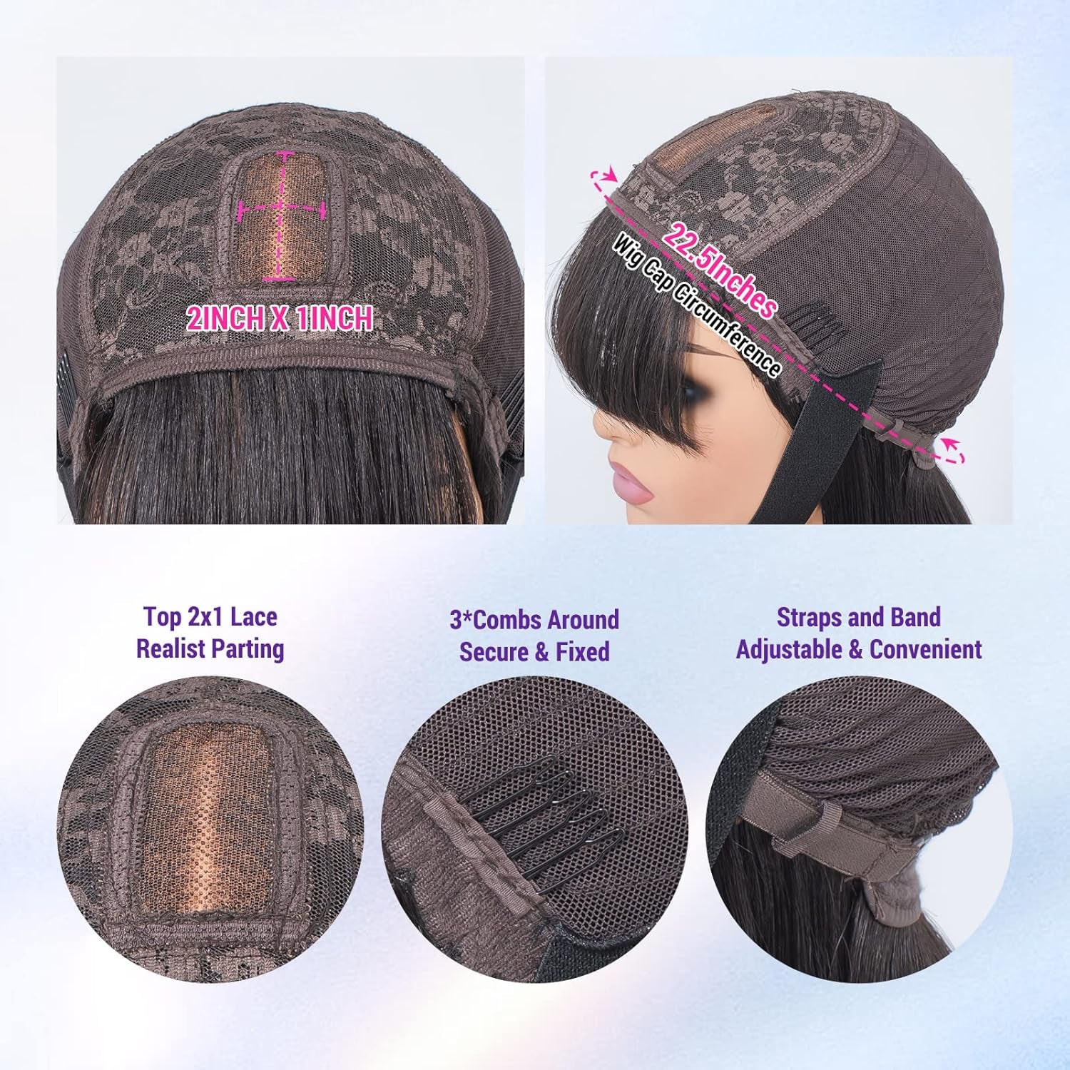 10 Inch Short Black Straight Bang Wig with Minimalist 2X1 Lace Scalp for Women Low Tension Design for Daily Wear Glueless Protective Wig for Natural Hair & Edges