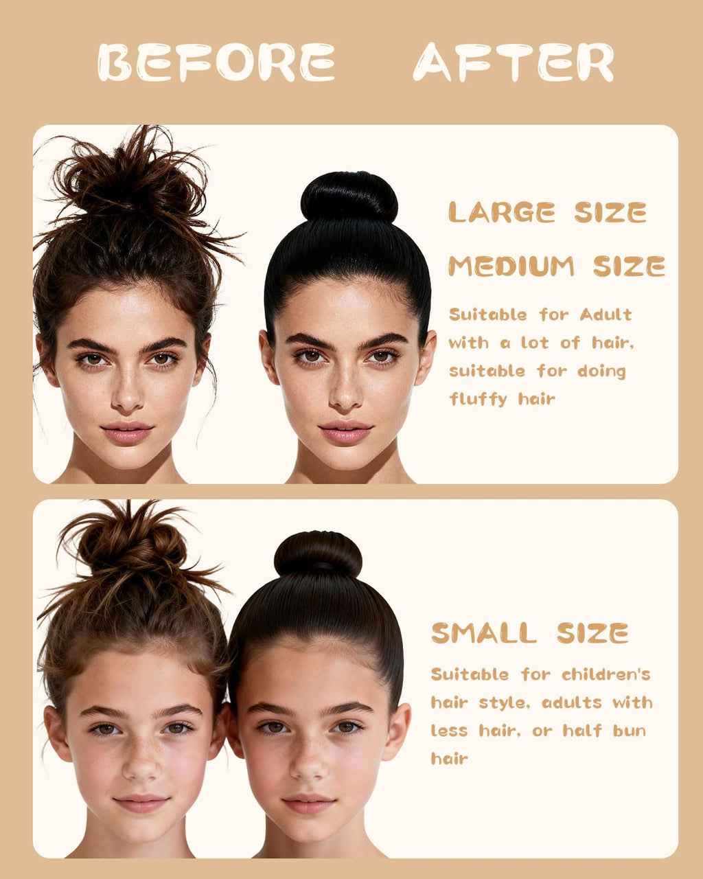Hair Bun Maker for Kids, Girls & Women - Controls Frizz, Smooths Flyaways, Creates Buns & Updos - 4 Black Donut Sock Buns in Sizes, 1 Hair Wax Stick, 5 Elastic Bands, 10 Hairs Pins, 2 Style Brushes