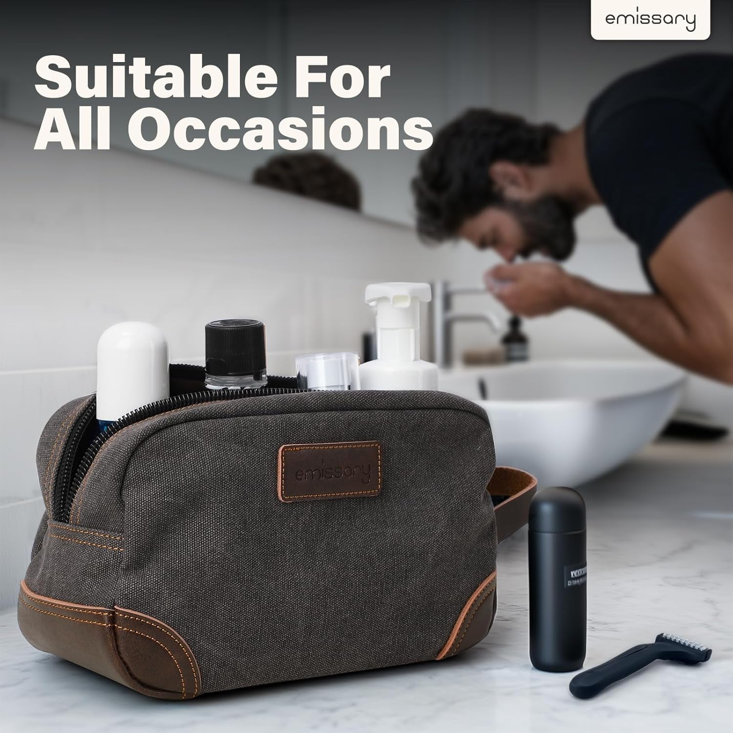 Men'S Canvas Travel Toiletry Bag, Leather Dopp Kit - Gray | Durable Canvas & PU Leather, Water-Resistant Lining, Side Handle; Roomy Men'S Dopp Kit for Travel & Gym