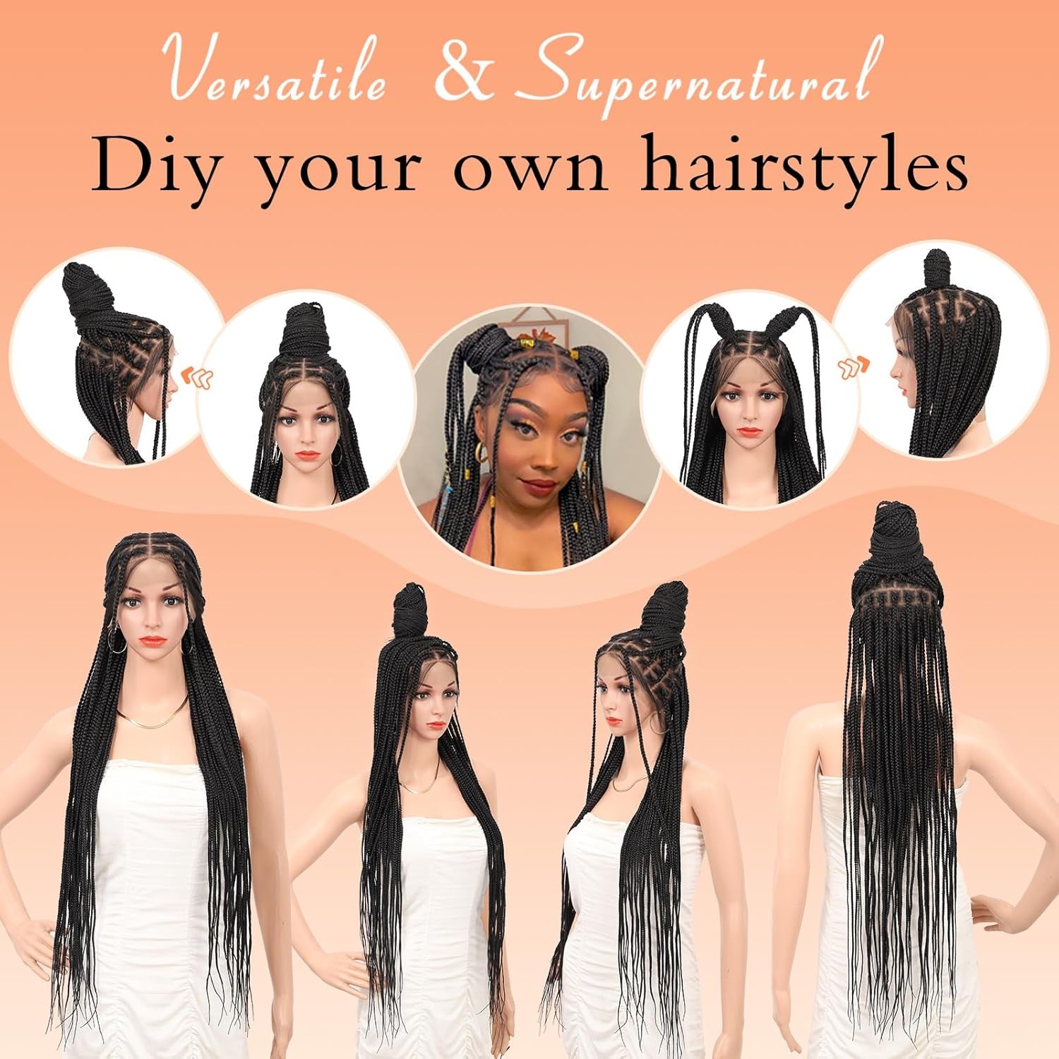 Brinbea Knotless Braided Wigs for Women Box Braid Wig Braided Lace Front Wigs 13X8 HD Lace Front Braided Wigs with Baby Hair Premium Synthetic Braid Wig Natural Long Black 36''