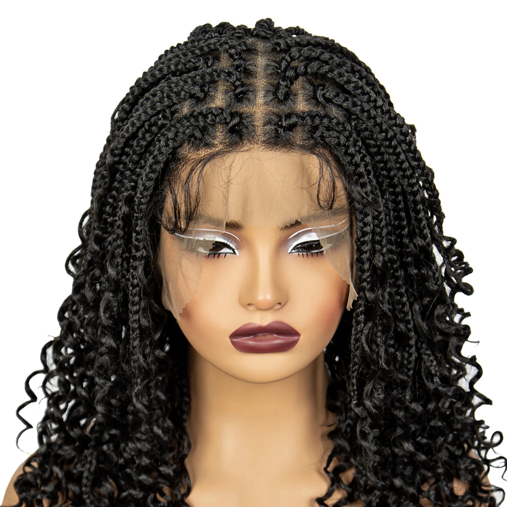 Knotless Box Braided Wigs with Curly Ends Synthetic Full Lace Braided Lace Wigs Short Boho Braided Bob Wigs for Black Women